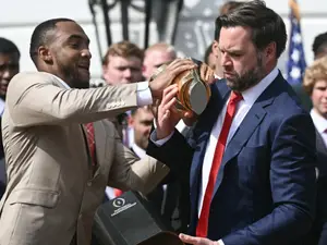 WATCH - US vice president JD Vance fumbles OSU's national championship trophy then says 'I decided to break it'