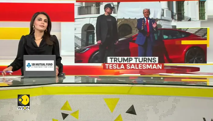 Trump buys Tesla; on White House driveway backs Elon Musk