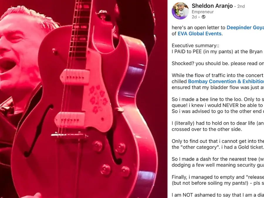 Mumbai man urinates in pants at Bryan Adams concert, slams organisers for poor washroom facilities