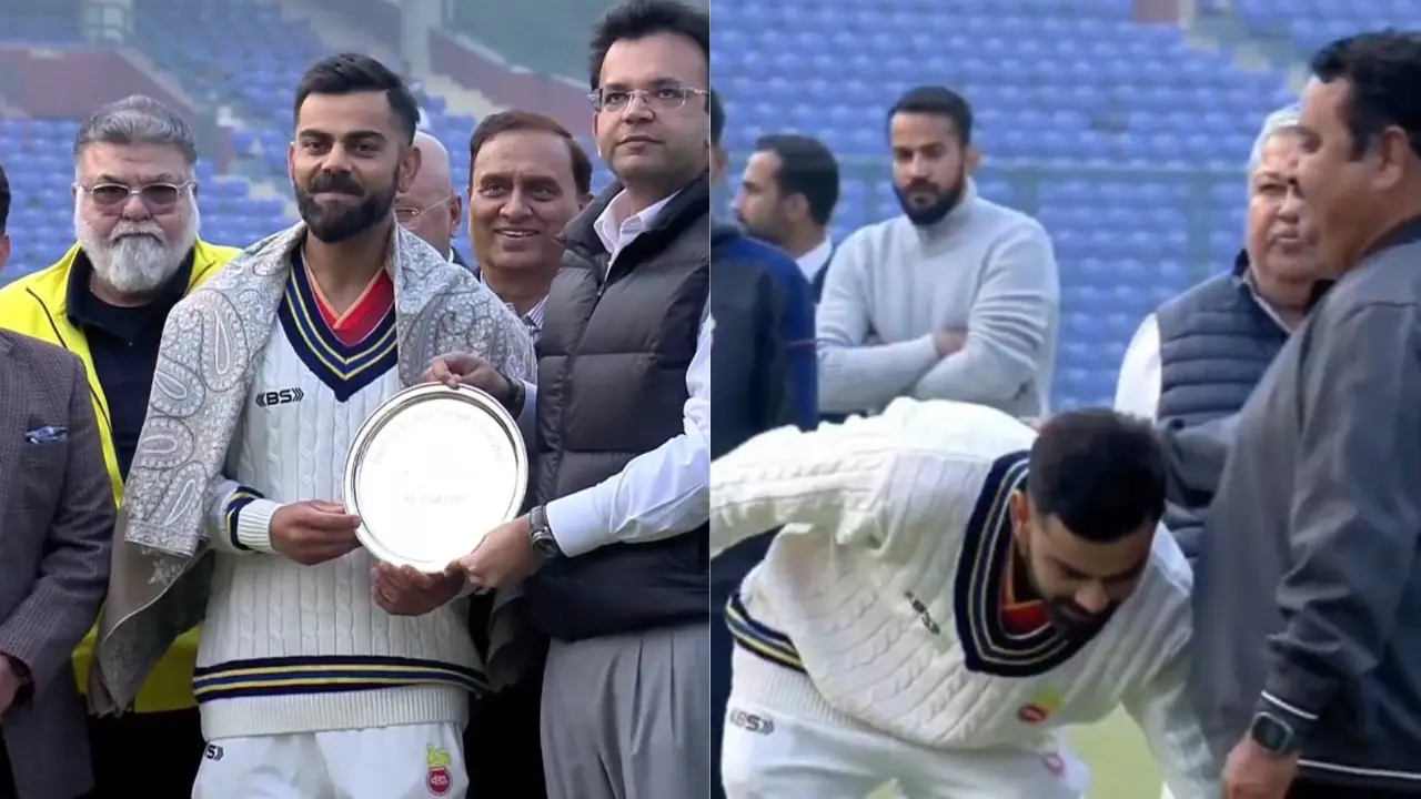 Watch: Virat comes up with heart-warming gesture, touches feet of childhood coach Rajkumar Sharma during felicitation Watch: Virat comes up with heart-warming gesture, touches feet of childhood coach Rajkumar Sharma during felicitation