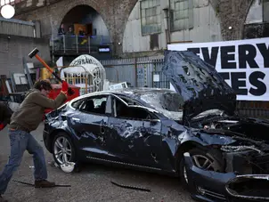 'Everyone Hates Elon' group smashes Tesla car in London protest; pics here