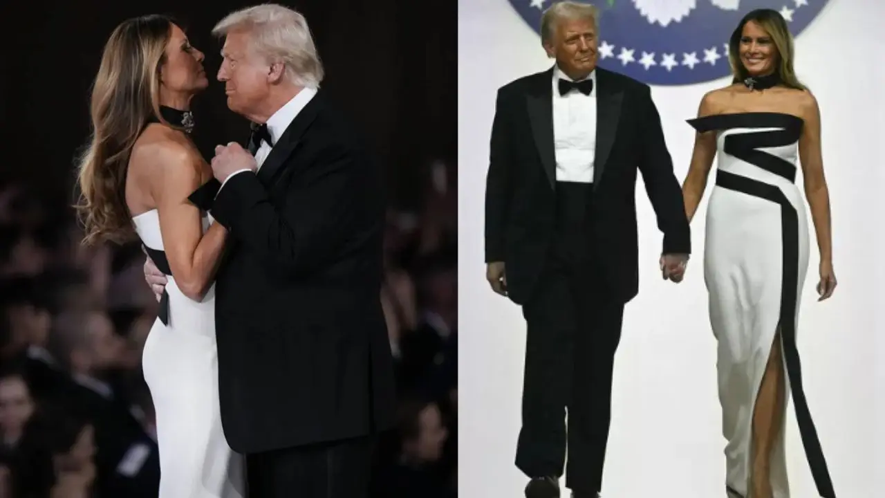 Melania Trump looks like a vision in black and white satin gown at the  Inaugural Ball