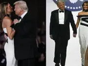 Melania Trump looks like a vision in black and white satin gown at the Inaugural Ball