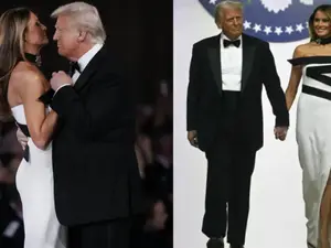 Melania Trump looks like a vision in black and white satin gown at the Inaugural Ball