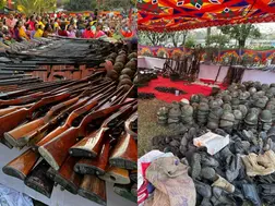 Meitei group 'Arambai Tengol' surrenders arms brought in pickup vans to manipur govt