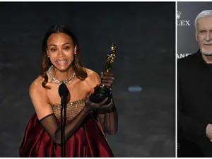 James Cameron congratulates Zoe Saldana on Oscar win