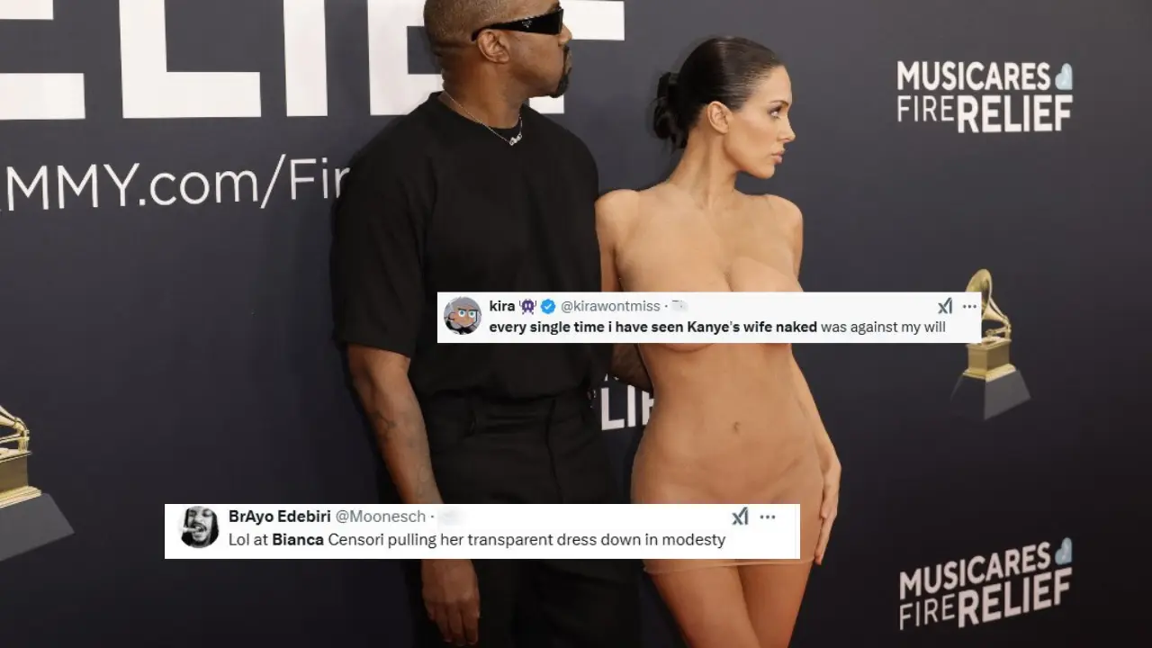 Kanye West and Bianca Censori's shocking appearance on Grammys red carpet leads to hilarious reactions on the Internet