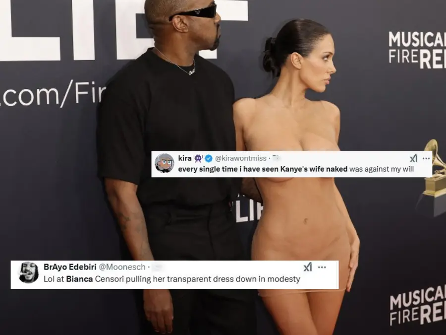 Kanye West and Bianca Censori's shocking appearance on Grammys red carpet leads to hilarious reactions on the Internet