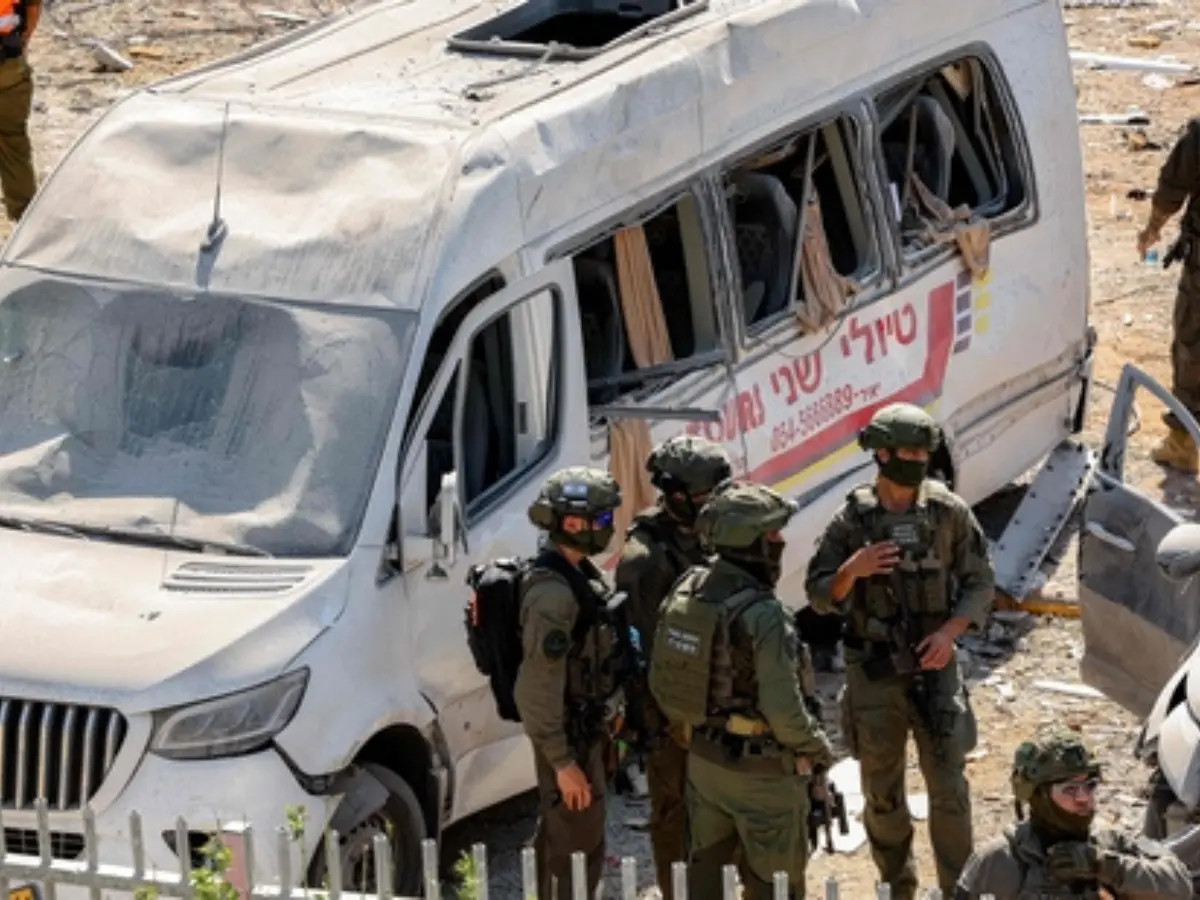 Damage seen after a building of the Soroka hospital complex was hit by a missile