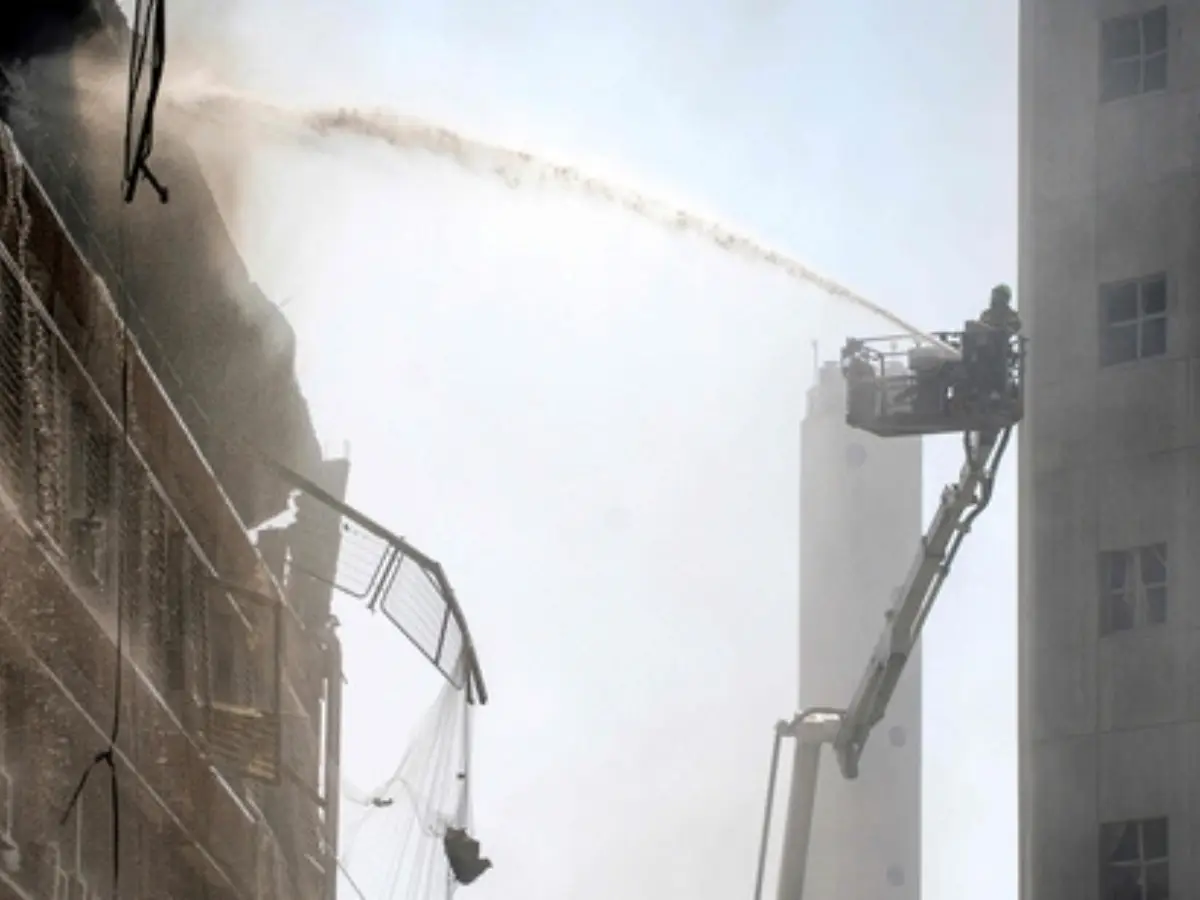 A firefighter extinguishes a blaze at Soroka Hospital