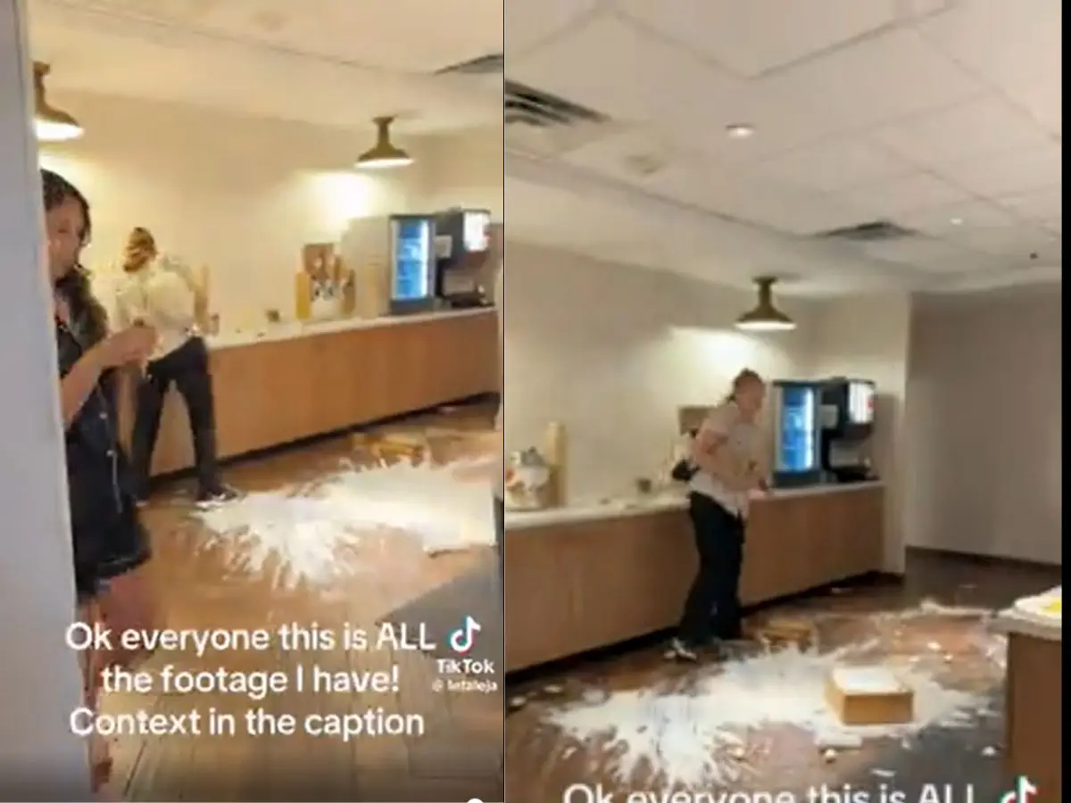 WATCH| Employee fired after working graveyard shift, wrecks breakfast buffet in a fit of rage
