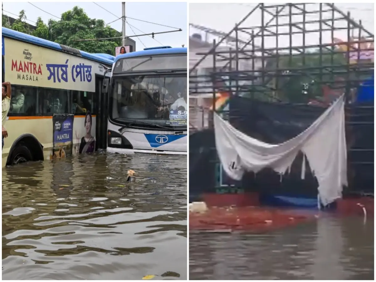 Several Durga Puja pandals in Kolkata destroyed by torrential rains; city's annual festivities crippled by water Several Durga Puja pandals in Kolkata destroyed by torrential rains; city's annual festivities crippled by water