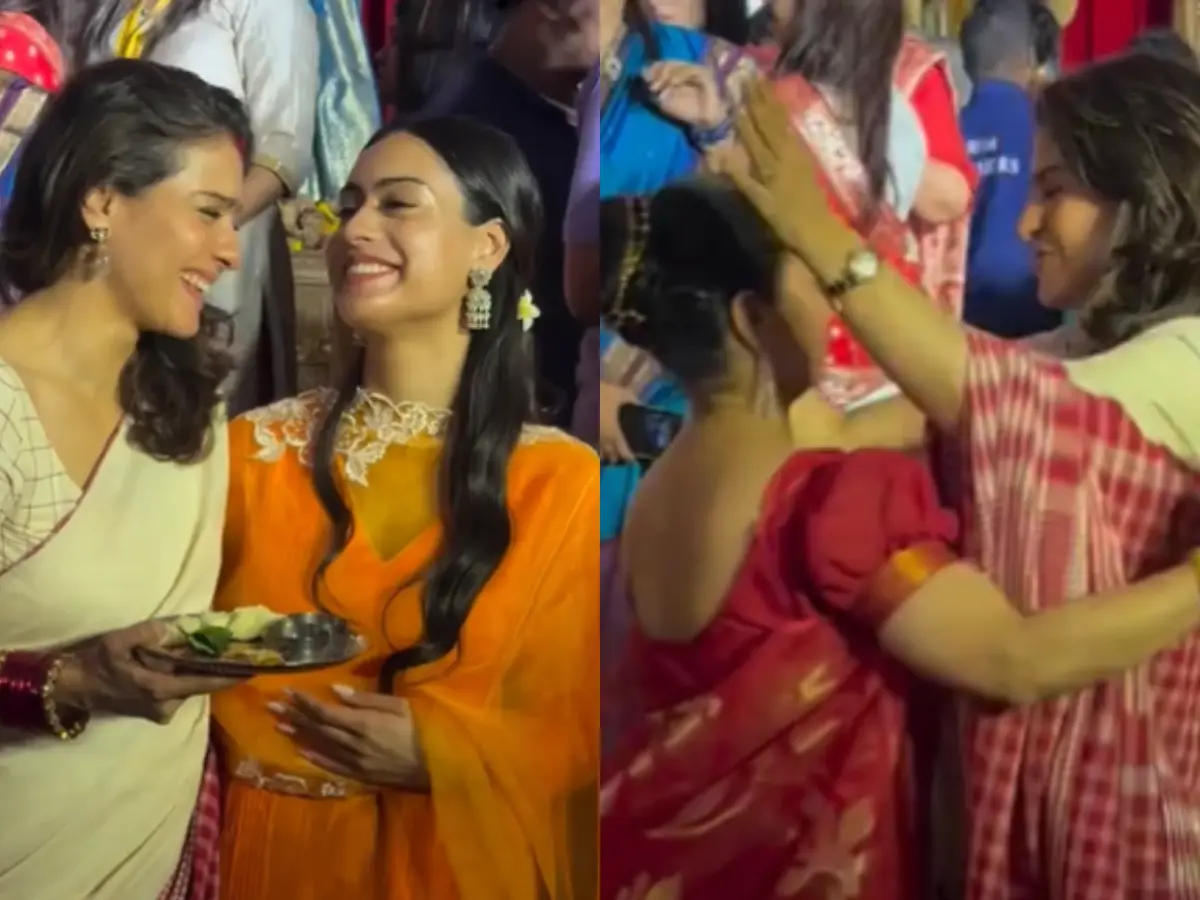 Kajol takes part in Sindoor Khela ceremony with daughter Nysa, watch viral videos
