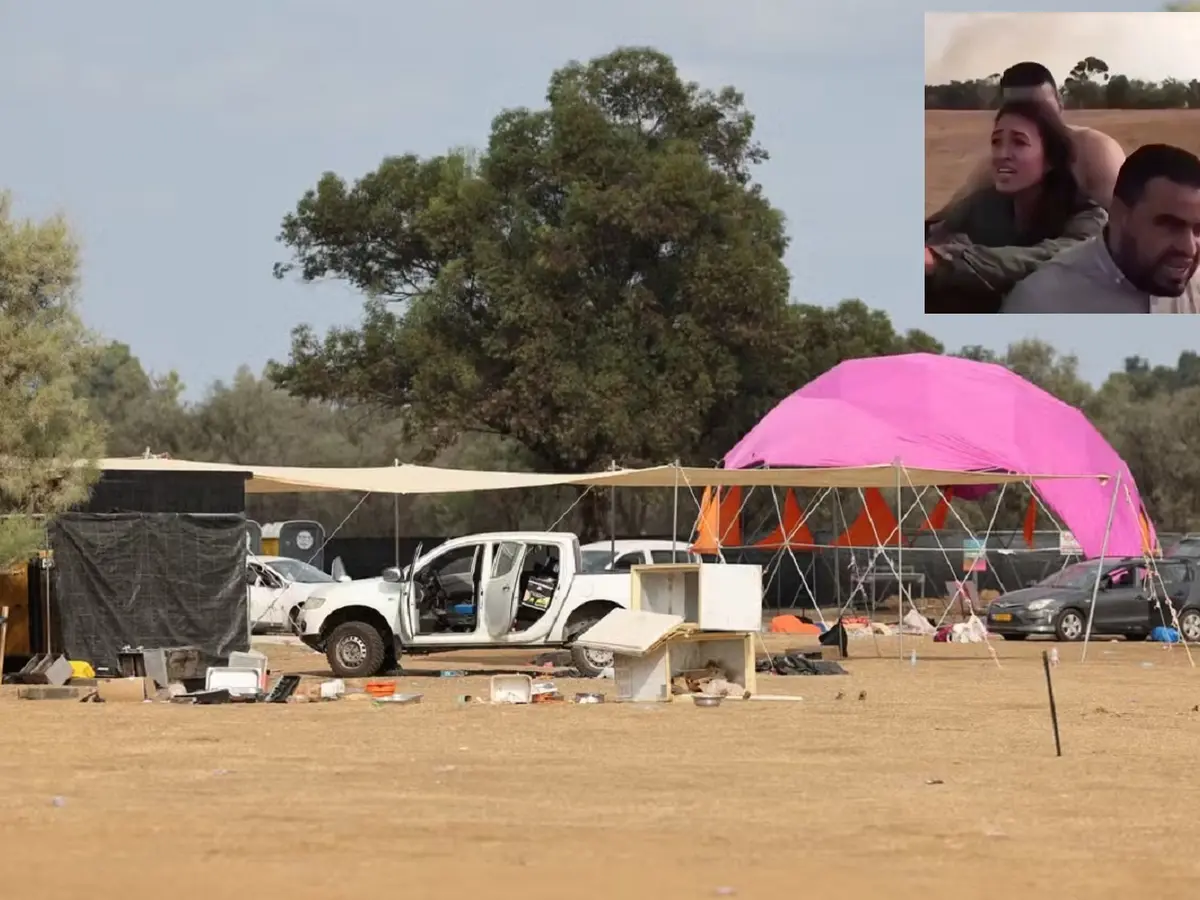 Terroristen, die Noa Argamani, Avinatan Or und Eitan Mor vom Nova-Festival ...