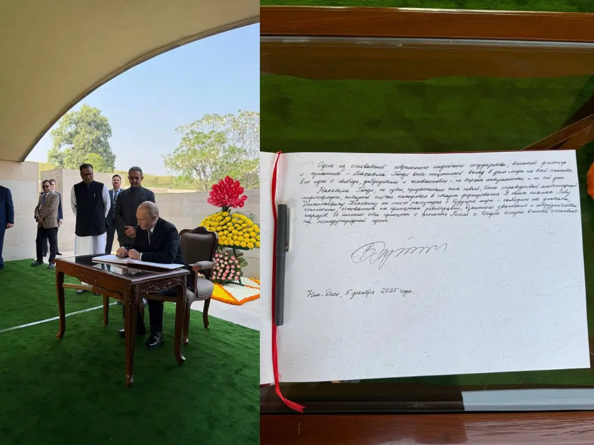 Putin signs the Rajghat guestbook honouring Gandhi’s legacy