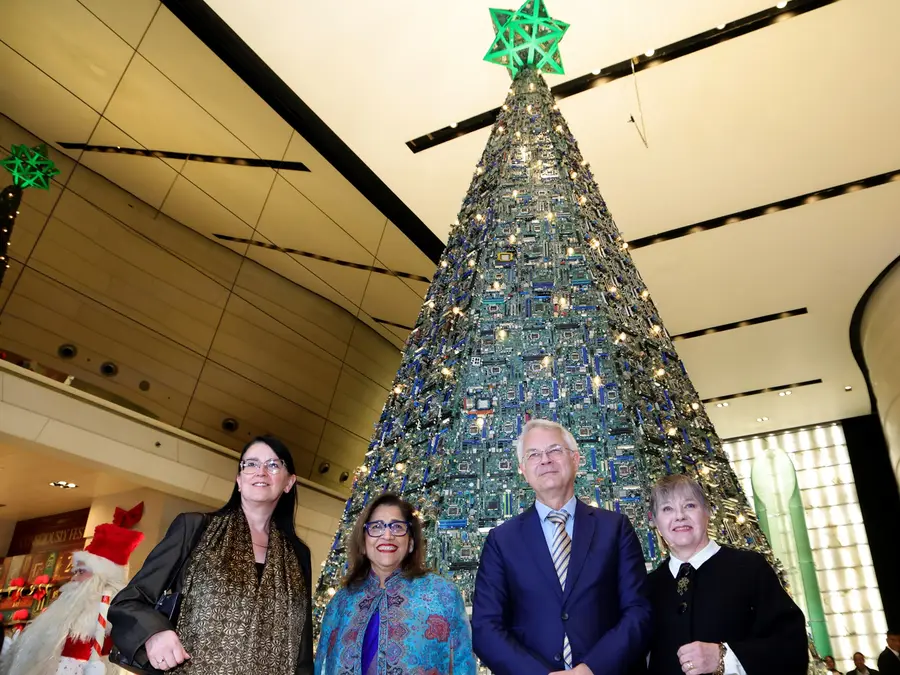 Christmas tree made from e-waste lit by Finnish ambassador