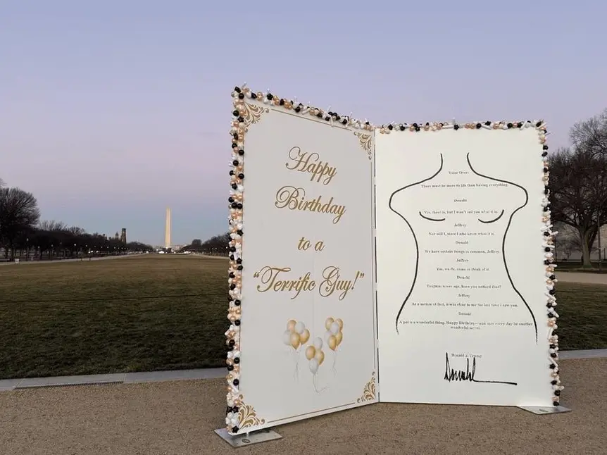 Giant replica of Trump's alleged birthday card to Epstein appears in Washington DC Giant replica of Trump's alleged birthday card to Epstein appears in Washington DC