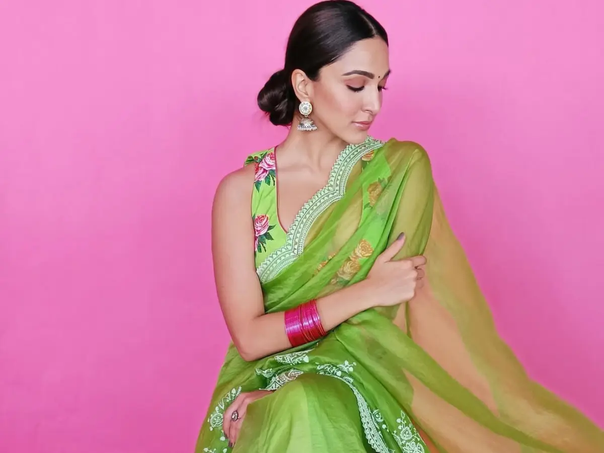 Lime green floral saree
