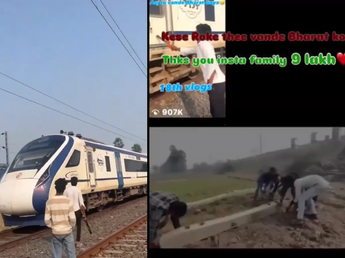 Viral stunt: Young men obstruct high-speed Vande Bharat train with wooden logs to record reel - WATCH Viral stunt: Young men obstruct high-speed Vande Bharat train with wooden logs to record reel - WATCH