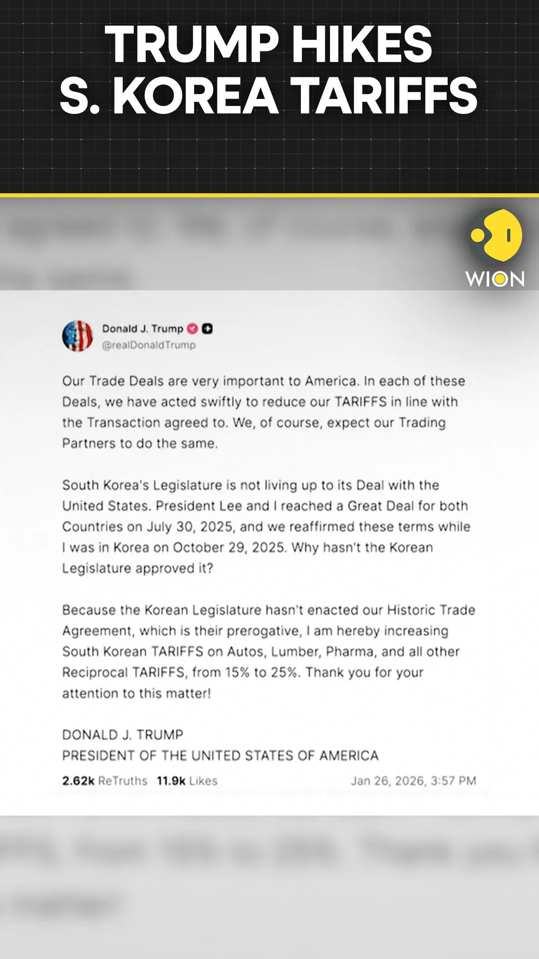 Trump Says He Is Raising Tariffs on Certain South Korean Imports to 25%