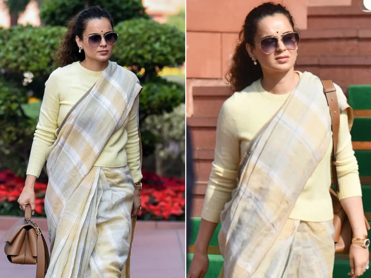 Big check saree with a cardigan