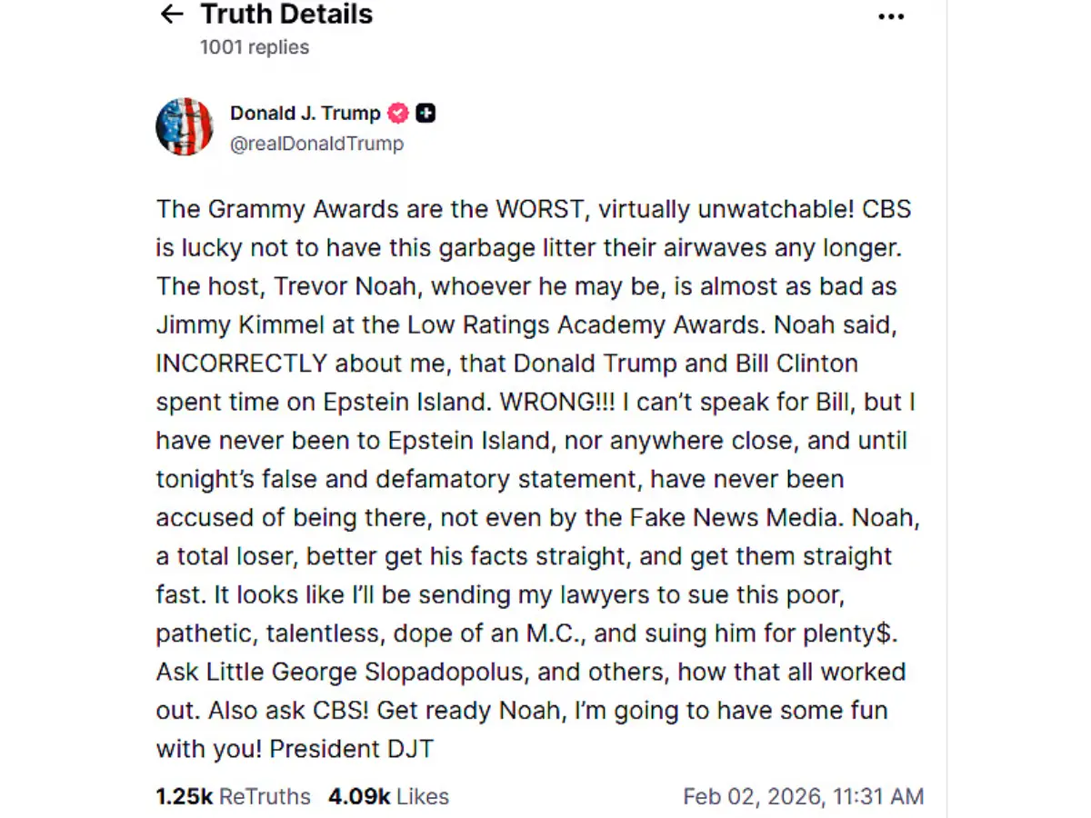 What did Trump write about Grammys and Trevor Noah?