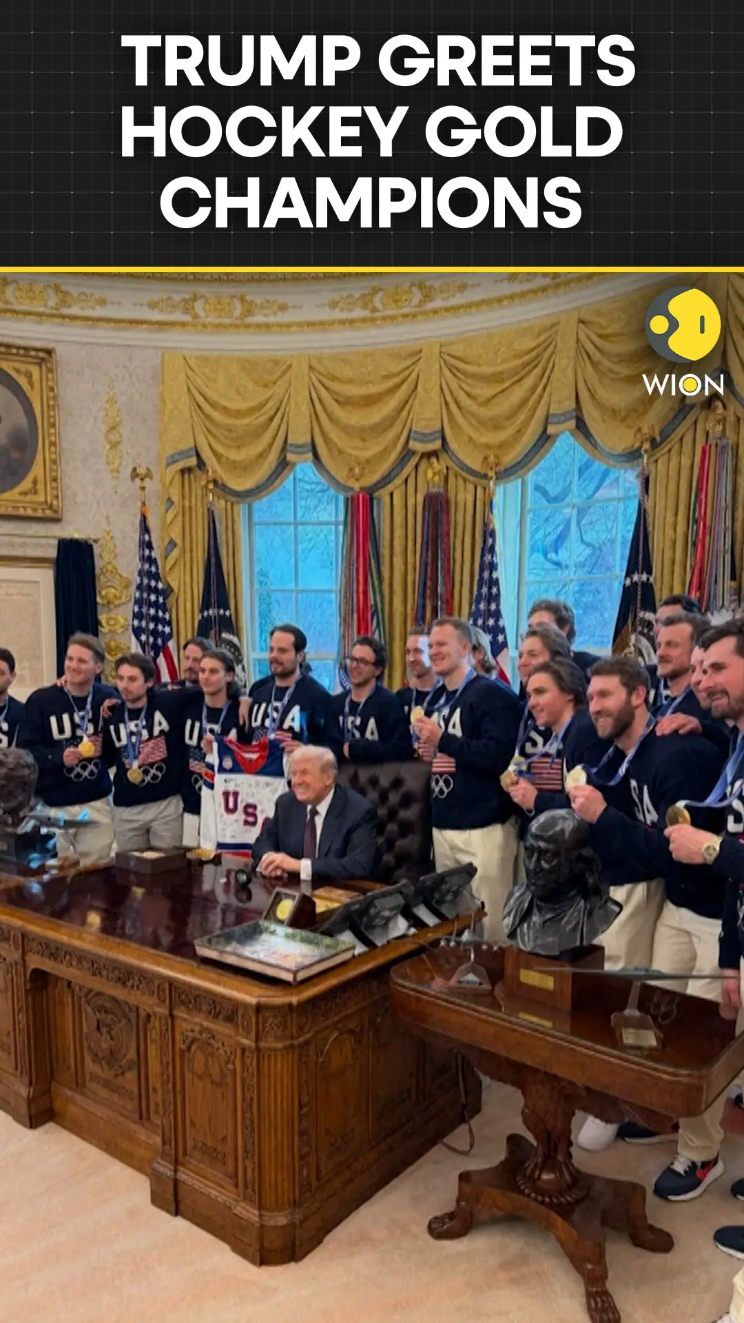 Trump Wears Olympic Gold Medal While Greeting U.S. Hockey Champions