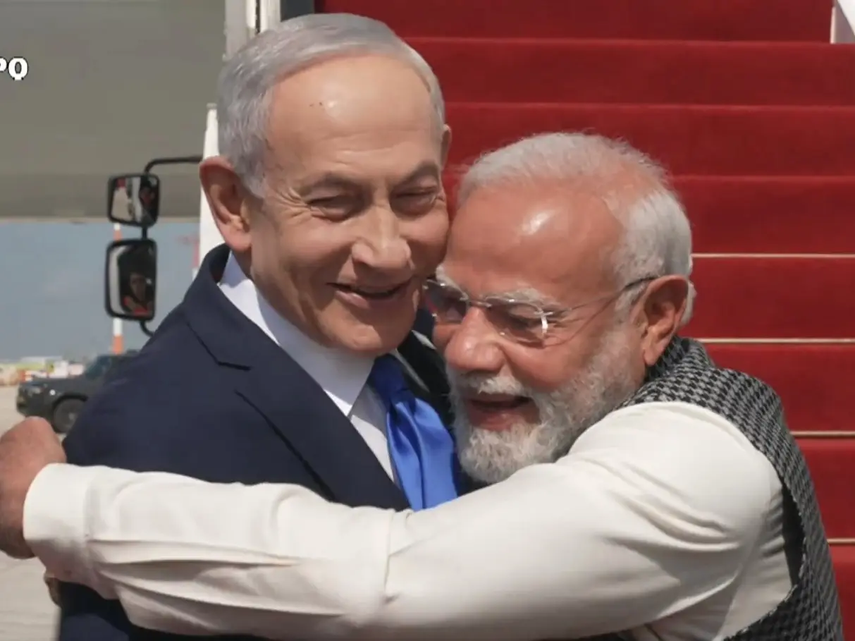 PM Modi greeted by Israeli Prime Minister Benjamin Netanyahu on landing in Israel, to address Knesset PM Modi greeted by Israeli Prime Minister Benjamin Netanyahu on landing in Israel, to address Knesset