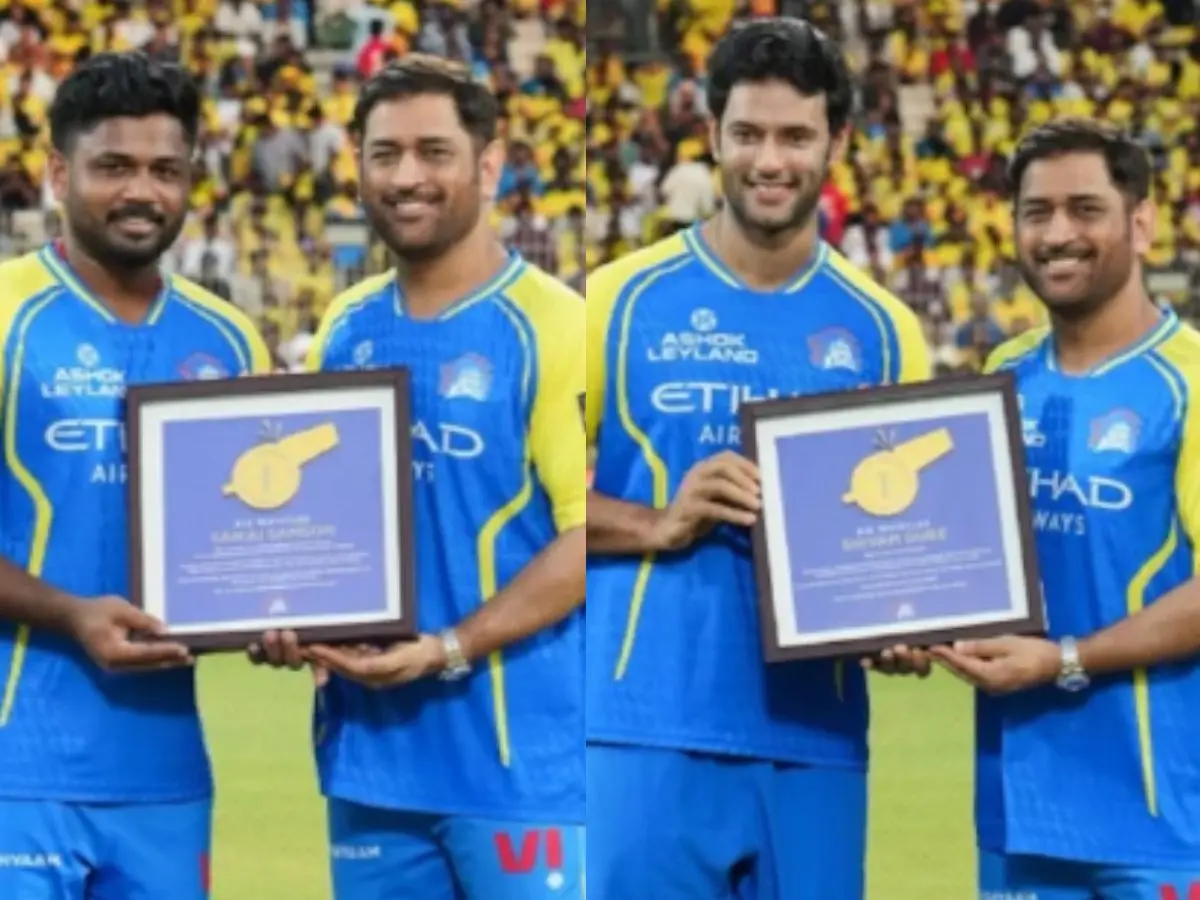 Former Indian captain MS Dhoni honours T20 World Cup winners Sanju Samson, Shivam Dube at CSK event