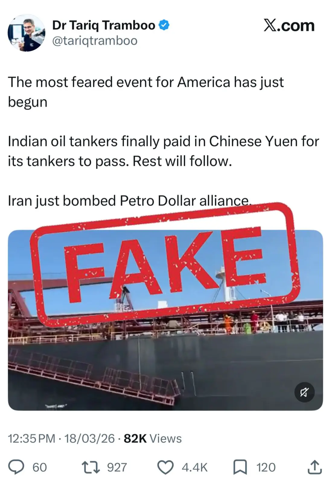 'Fake News Alert!': India DID NOT pay in Chinese Yuan for oil tankers to cross Strait of Hormuz