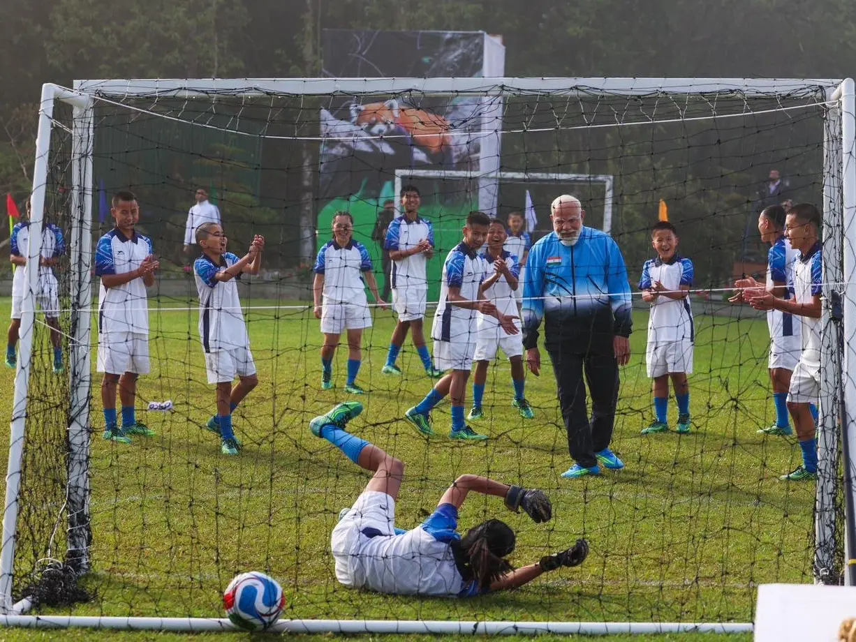 PM Modi plays friendly football game with young footballers in Gangtok during Sikkim visit | In Pics