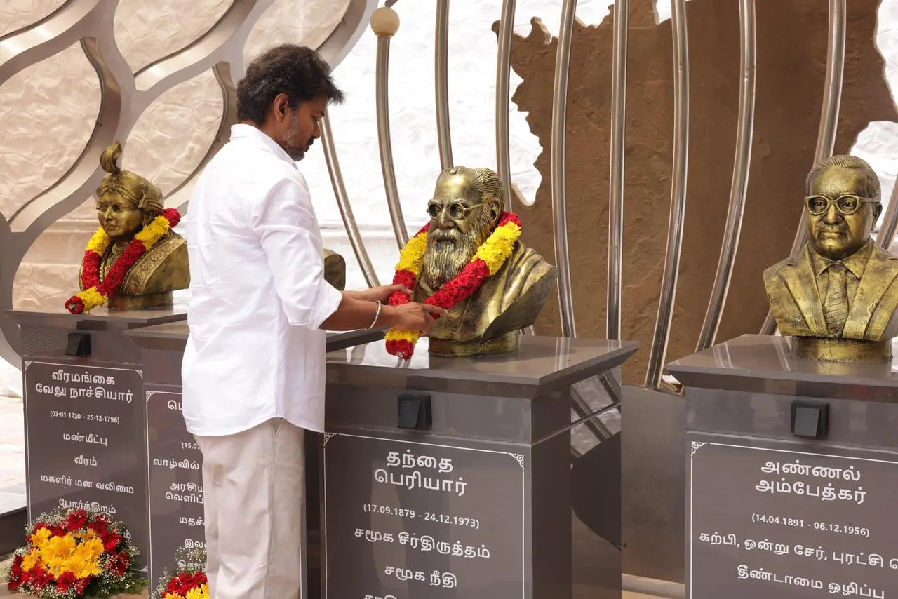 TVK Chief Vijay pays floral tribute to EV Ramasamy Periyar at Chennai party office after election win