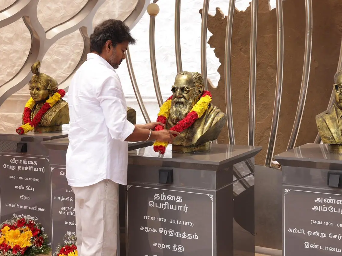 TVK Chief Vijay pays floral tribute to EV Ramasamy Periyar at Chennai party office after election win TVK Chief Vijay pays floral tribute to EV Ramasamy Periyar at Chennai party office after election win