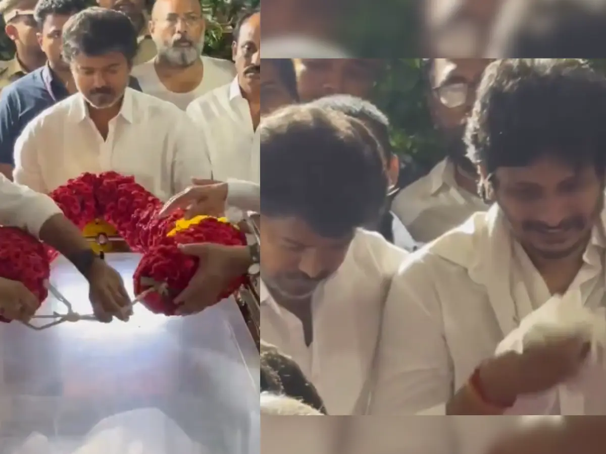 Vijay pays last respects to producer RB Choudary, consoles grieving son and actor Jiiva Vijay pays last respects to producer RB Choudary, consoles grieving son and actor Jiiva