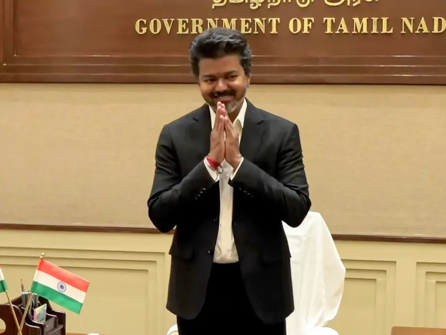 All eyes on modern look: Vijay chooses black pantsuit over traditional shirt-veshti at TN CM oath ceremony