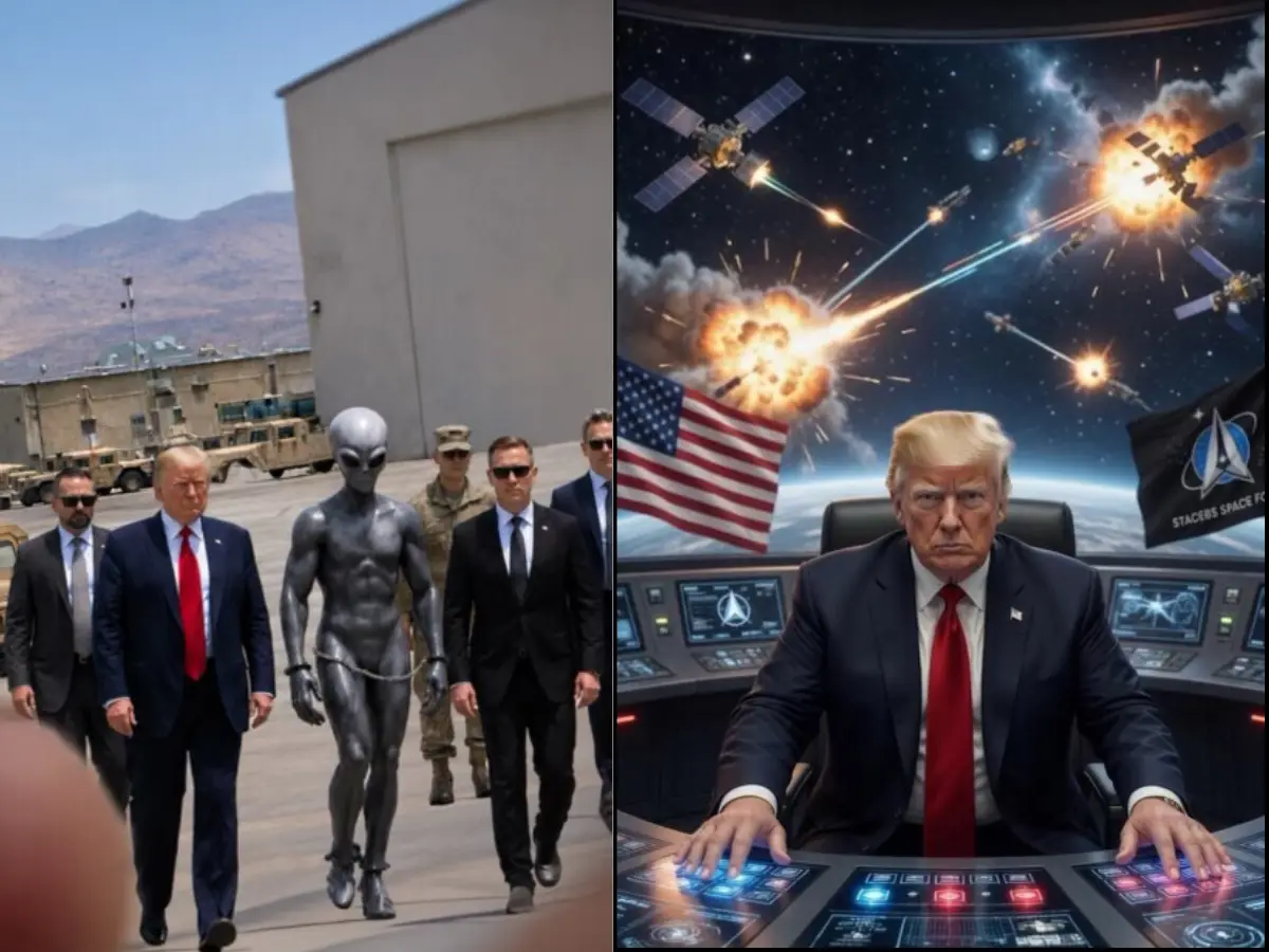 Trump posts photo of himself walking with an alien, hilarious reactions follow - 'The alien's abs...'