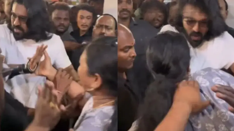 Ram Charan looks shocked as a fan breaches security to meet him at Peddi event | Watch
