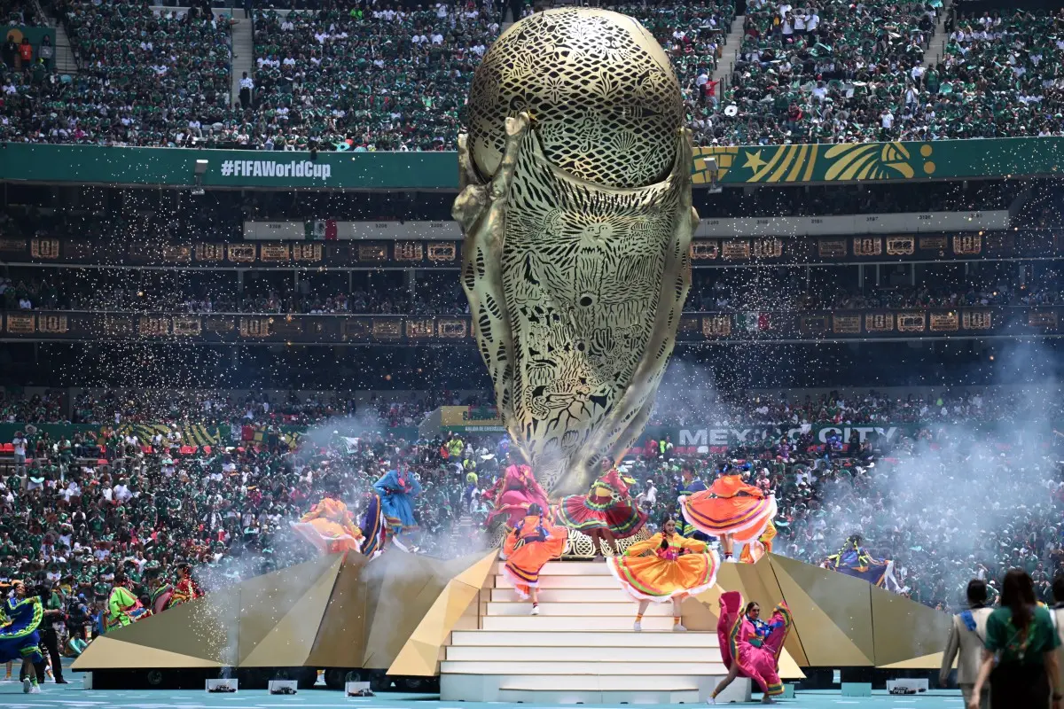 The giant World Cup trophy takes centre stage