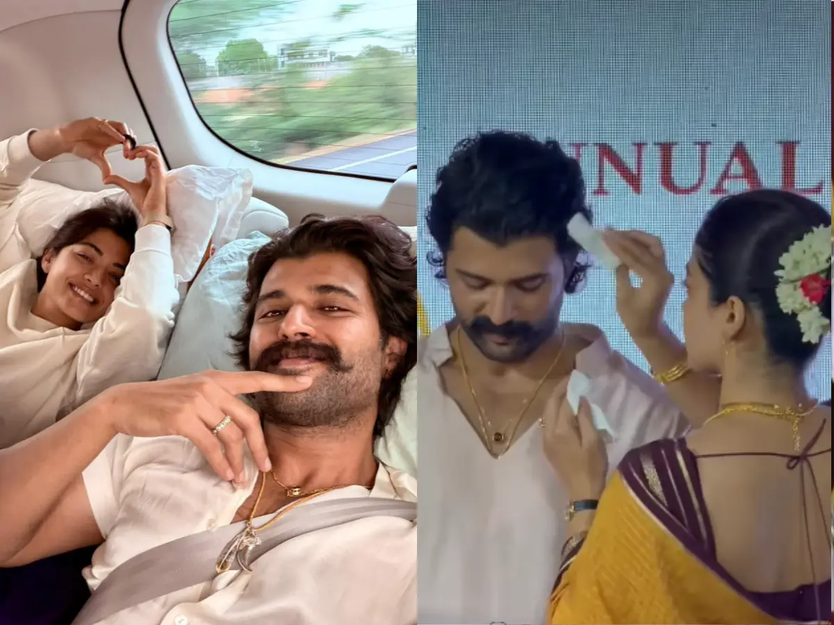 Rashmika Mandanna adjusts Vijay Deverakonda's moustache during an event; fans call it adorable