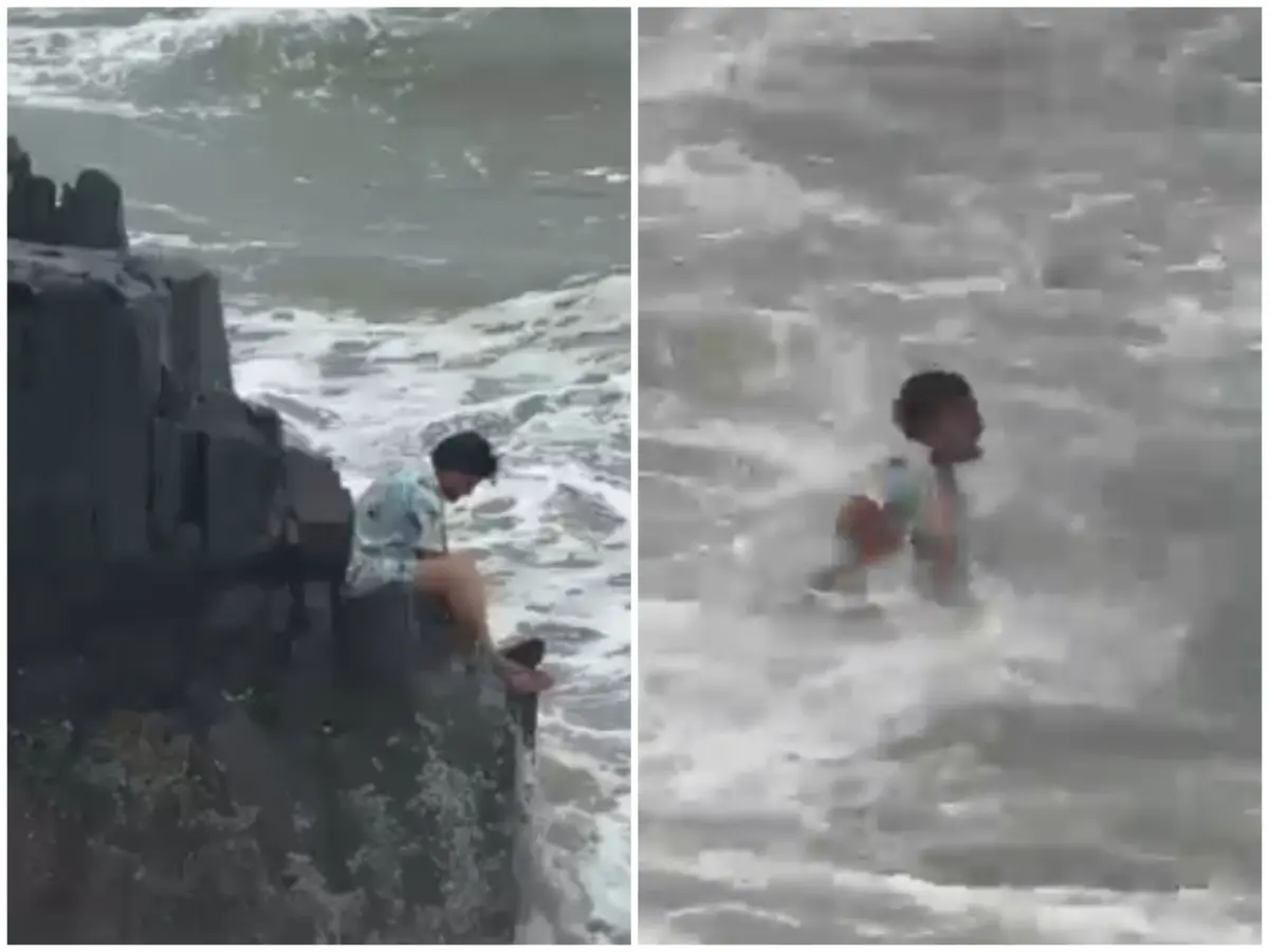 VIDEO: Seconds after playing with water, Karnataka man dies after powerful wave drags him off rocks at Goa's Baga beach VIDEO: Seconds after playing with water, Karnataka man dies after powerful wave drags him off rocks at Goa's Baga beach