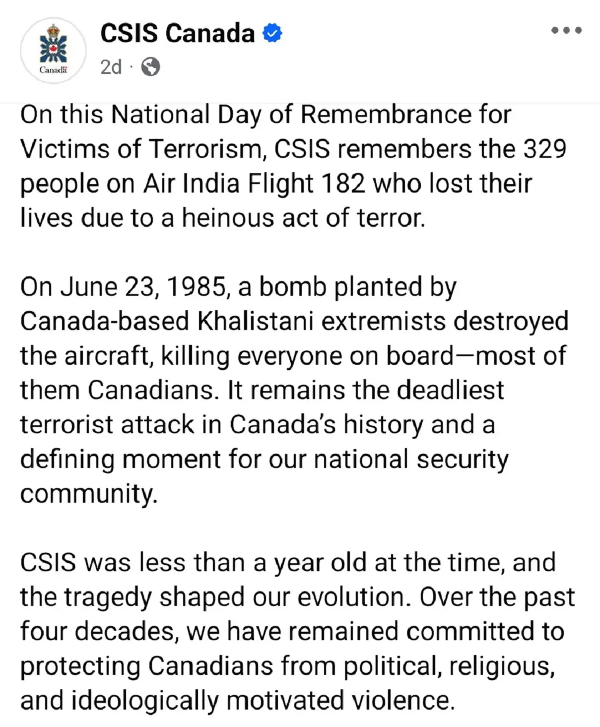 CSIS highlights Canada-based Khalistani extremists’ role in 1985 Air India bombing as it remembers the victims