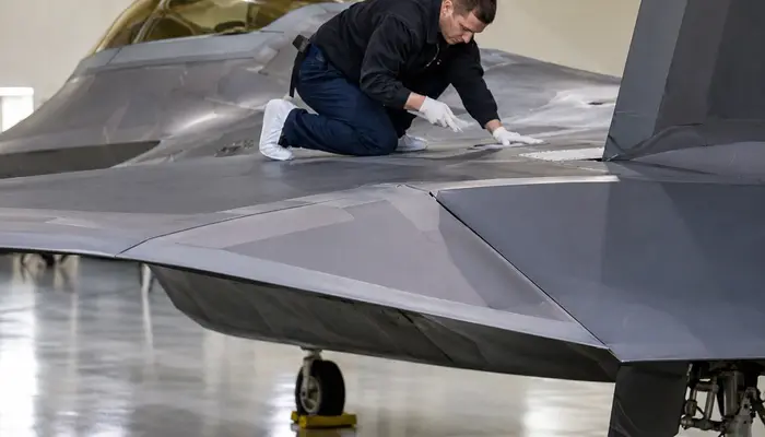 Why mechanics wear soft cloth booties when working on the F-22 fighter jet