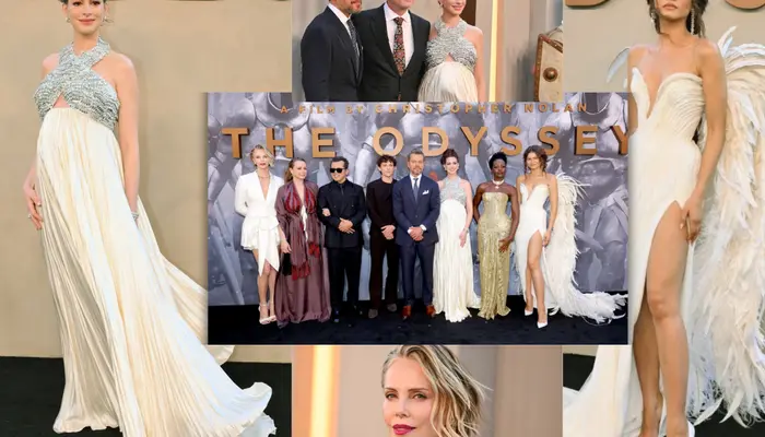 The Odyssey New York premiere: Zendaya in winged dress, pregnant Anne Hathaway, and Matt Damon pose