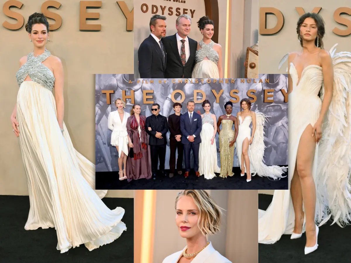The Odyssey New York premiere: Zendaya in winged dress, pregnant Anne Hathaway, and Matt Damon pose