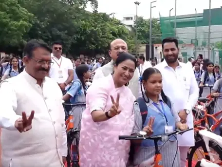 Delhi CM Rekha Gupta distributes bicycles to 3,000 girl students under Vidya Vahini Yojana