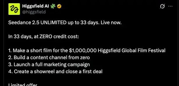 How Higgsfield sells 'unlimited' Seedance 2.5 that barely generates anything