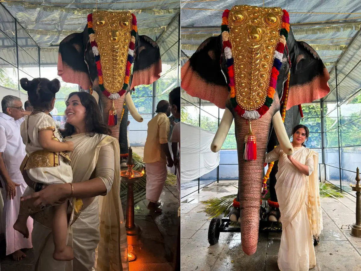 Richa Chadha celebrates Onam with daughter Zuneyra, donates mechanical elephant to Kerala temple