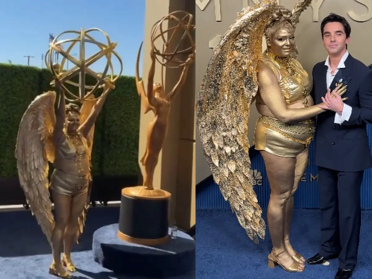 She looked like a Ferrero Rocher! Meg Stalter paints herself gold and dresses as Emmy trophy, netizens divided