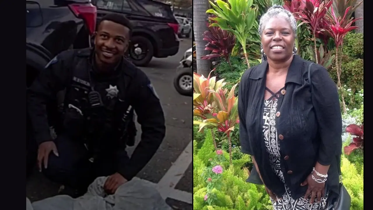 Disturbing photo shows California police officer smiling while kneeling on 66-year-old woman who died