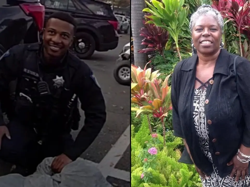 Disturbing photo shows California police officer smiling while kneeling on 66-year-old woman who died